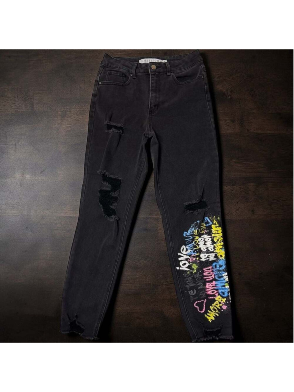 Tinseltown High Rise Distressed Mom Jeans with Colorful Graffiti Graphics Size 9